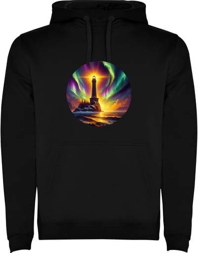 Zwarte hoodie Kleurrijk Vuurtoren op rotspartij met het prachtige Noorderlicht - Geweldig - Humor Maat M
