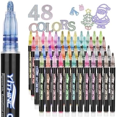 PromoHome 48 Kleuren Glitter Metallic Dubbellijn Markeerstiften Set - Creatieve Tekengerei voor Kinderen, Tieners en Volwassenen - Ideaal voor Kunst, Ambachten en Schoolprojecten