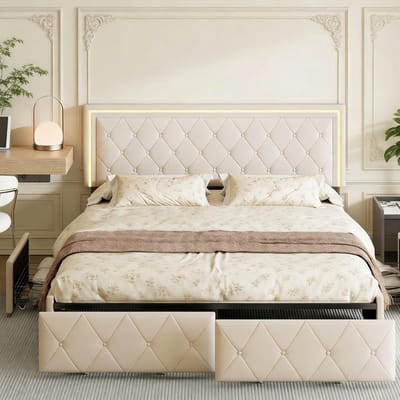 Tweepersoonsbed met laden - Gestoffeerd bed - Opbergen en slapen - Geïntegreerde LED-verlichting - 160 x 200 cm - Vuilwit