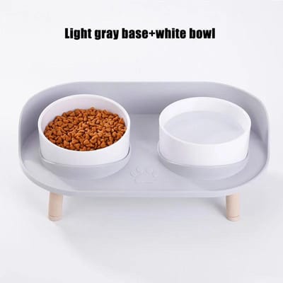 Accessoires Premium pour Animaux de Compagnie Hauteur Chat Double Gamelles Incliné Protection Cervicale Mangeoire Antidérapant Gamelle d'Eau pour Chat Gamelle pour Chien Plat Réglable 2 White bowl