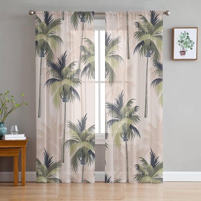 Tropische Plant Palmboom Transparante Gordijnen voor Woonkamer Decoratie Raamgordijnen voor Keuken Tule Voile Organza Gordijnen W135 x H115cm x1 white