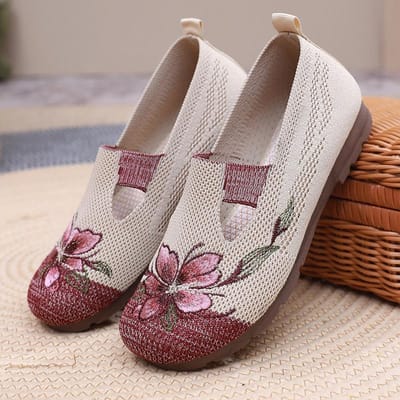 Dames Ademend Zachte Zool Antislip Mama Schoenen Vrije Tijd Mesh Platte Geborduurde Schoenen 35 rood