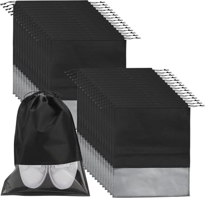 30 Stuks Reis Schoenentassen, Grote 44x32cm Opbergzakken met Doorzichtige Vensters, Zwarte Stofdichte Organizers voor Schoenen en Reizen