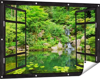 Gards Tuinposter Doorkijk Panorama van Japanse Tuin - 120x80 cm - Tuindoek - Tuindecoratie - Wanddecoratie buiten - Tuinschilderij