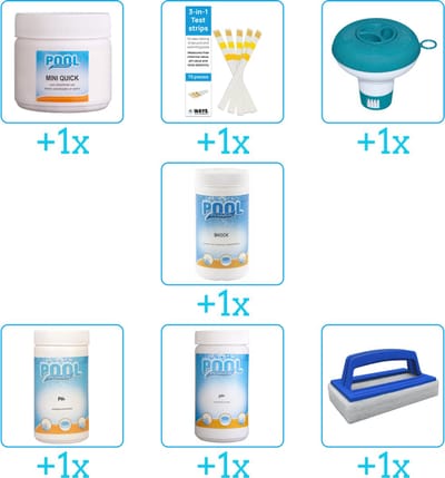 Zwembad Onderhoudspakket - Onderhoud Zwembad - bevat Chloor - Testrips - Chloordrijver - Chloor - PH-min - PH-plus en Scrubborstel (7-delig)