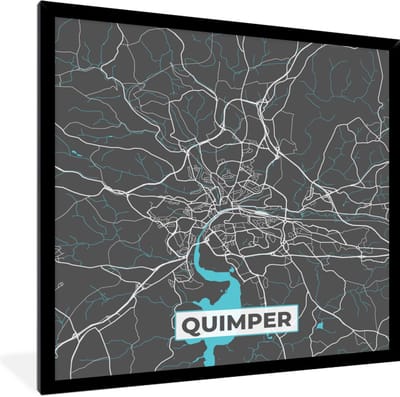 Fotolijst incl. Poster - Quimper - Plattegrond - Frankrijk - Stadskaart - Kaart - 40x40 cm - Posterlijst