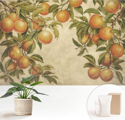 Wallfluent Behang - Fruittakken Muurbehang - 152x104 cm - Groente Behang - Voor liefhebbers van modern design en interieurarchitectuur - Behang Voor op kantoor, voor de woonkamer, voor de hal - Wandbekleding Bloemen en planten