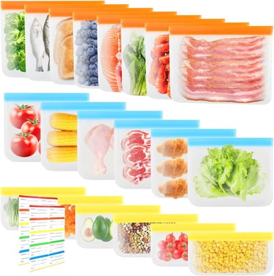 Famanu 20 stuks herbruikbare opbergzakken, BPA-vrije vrieszakken, sandwichzakken, voedselveilige siliconen, waterdichte lunchtassen voor op reis