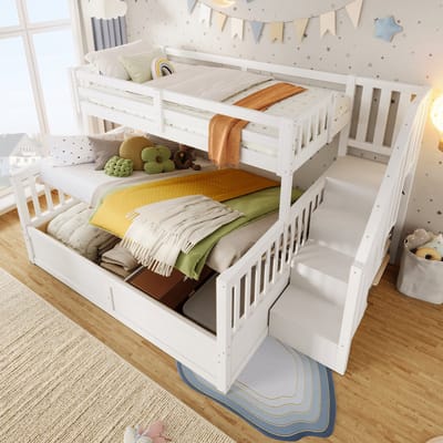 DESMIU Stapelbed 90x200cm + 140x200cm - Hydraulische Opbergruimte en Traptreden met Opbergruimte - Voor Kinderkamer - Grenenhout en MDF - Wit - Zonder matras