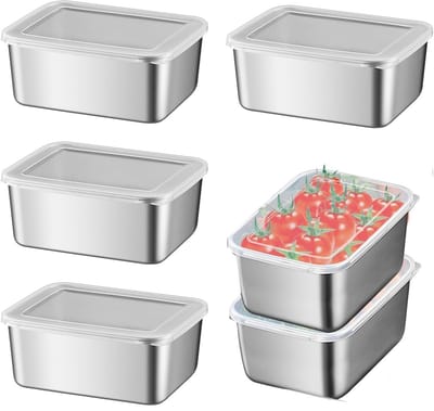 Roestvrijstalen Fruitschaal 6 Delig Met Deksel Snackdoos 13 .5x10. 5x5 .7 Cm Voedselbewaardoos Herbruikbaar