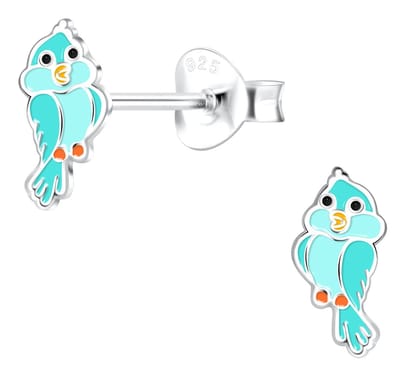 Joy|S - Zilveren vogel oorbellen - 4 x 8 mm - turquoise blauw / groen vogeltje - kinderoorbellen
