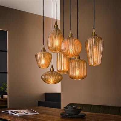 PS-Collection V-Shape Pattern Mix 7L Hanglamp - 95x38x150cm - Amber Glas/Metaal - hanglampen eetkamer, hanglamp zwart, hanglampen woonkamer, hanglamp slaapkamer, hanglamp kinderkamer, hanglamp rotan, hanglamp hout, hanglamp industrieel