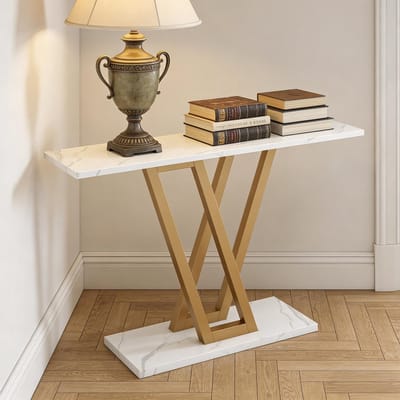 HAUSS SPOLE Consoletafel - Smal Design Met Metalen V Poten - Voor Hal En Woonkamer - Hout En Metaal - 110x30x80 Cm - Goud Wit