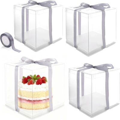 Set van 4 Herbruikbare Transparante Taartdozen met Pedestal en Band voor Bruiloften, Feesten en Verjaardagen - 22 x 22 x 24 cm, Ideaal voor Taartverpakking en Cadeaus