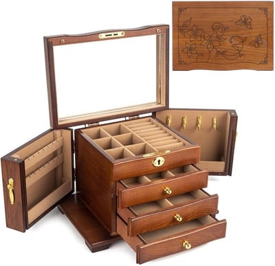 Sieraden Opbergdoos - Juwelendoos met spiegel - Sieraden organiseren - 4-5 lagen met lades - Grote capaciteit - Bruin