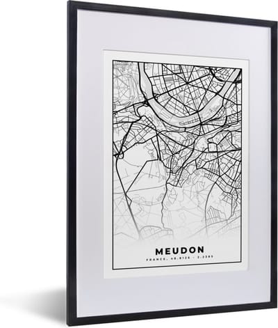 Fotolijst incl. Poster Zwart Wit- Stadskaart - Plattegrond - Kaart - Frankrijk - Meudon - Zwart wit - 30x40 cm - Posterlijst