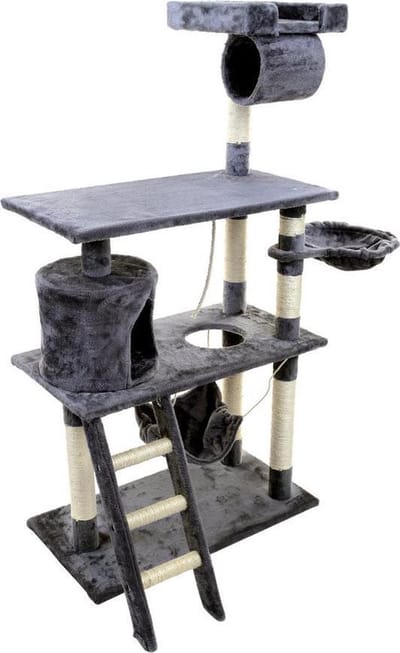 Krabpaal voor katten - 4 niveaus - Grijs - 105x49x140 cm - Met huisje en hangmat