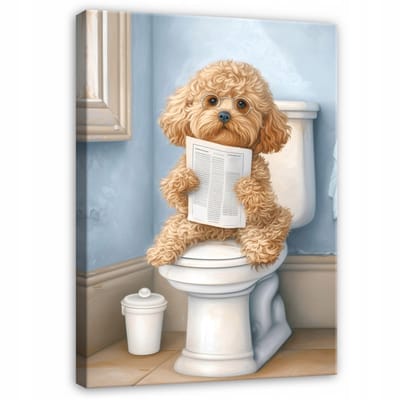 WALLARENA - Schilderij op canvas - 100x70 cm - grappige hond op toilet met krant - badkamer wanddecoratie en toilet decoratie