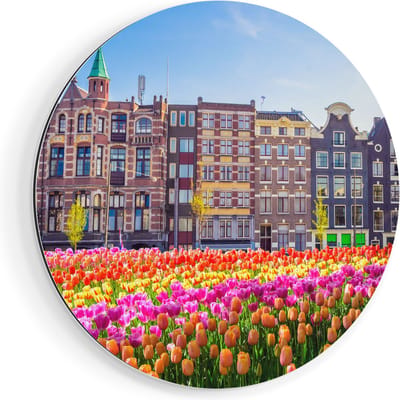 Artaza Dibond Muurcirkel Amsterdamse Huisjes Met Tulpen - Kleur - Ø 50 cm - Klein - Wandcirkel - Rond Schilderij - Voor Binnen en Buiten