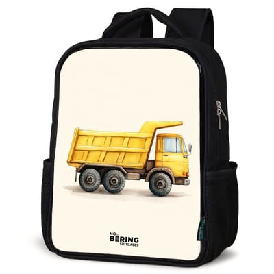 NoBoringSuitcases.com® - Rugzak zwart jongens - Schooltas jongen - NoBoringSuitcases.com® - Rugzak zwart - Schooltas jongen & meisje - Kiepwagen - Getekend - Geel - Rugtas voor school - Boekentas kind - Schoolrugzak - Kinderrugzak