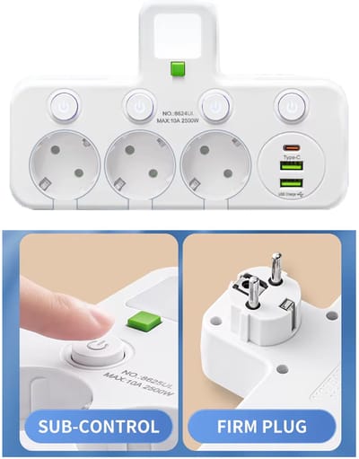 2500 W Stekkerdoos - EU-Stekkeraansluiting met 3 Stopcontacten - 2 USB en 1 USB C, Zonder Verlengsnoer + nachtlampje