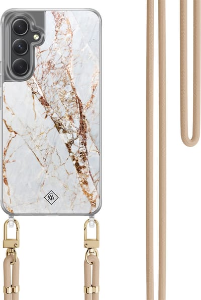 Casimoda® hoesje met koord - Geschikt voor Samsung A34 - Marmer Goud - Afneembaar koord - TPU/polycarbonaat - Goudkleurig