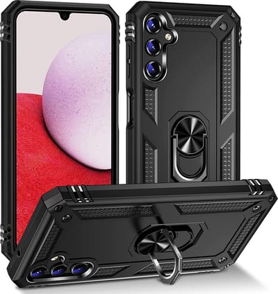 Casemania Hoesje Geschikt voor Samsung Galaxy A14 Zwart - Anti-Shock Hybrid Armor Back Cover - Hoes met Kickstand Ring