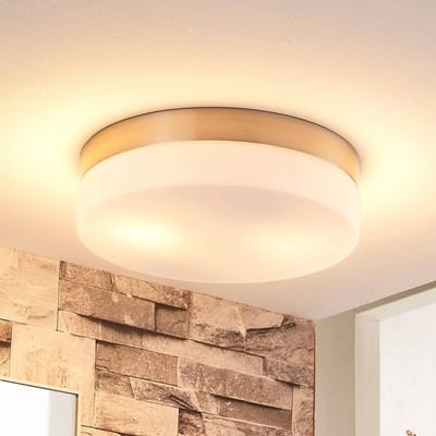 Lindby - Plafondlamp badkamer - 2lichts - Glas, metaal - H: 6.5 cm - E27 - wit, nikkel gesatineerd