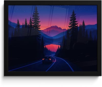 Poster in lijst - Fotolijst 40x30 cm - Posters - Auto - Donkere dennenbomen - Zonsondergang - Posterlijst zwart - Decoratie - Wanddecoratie woonkamer - Muurdecoratie slaapkamer
