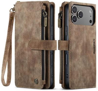 CaseMe C30 Hoesje Geschikt voor Apple iPhone 17 Pro | Wallet Zipper Book Case met Pasjeshouder | Beschermhoes met Portemonnee | Bruin
