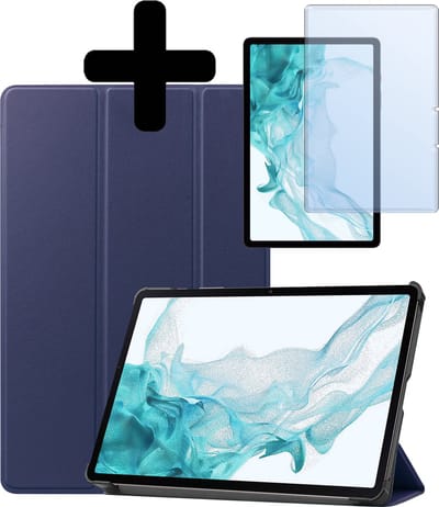 Hoes - Geschikt voor Samsung Galaxy Tab S9 - Met Screenprotector - Trifold Bookcase - Hard Cover Case - Met Uitsparing Geschikt voor S Pen - Hardcover Book - Tablet Hoesje - Donkerblauw