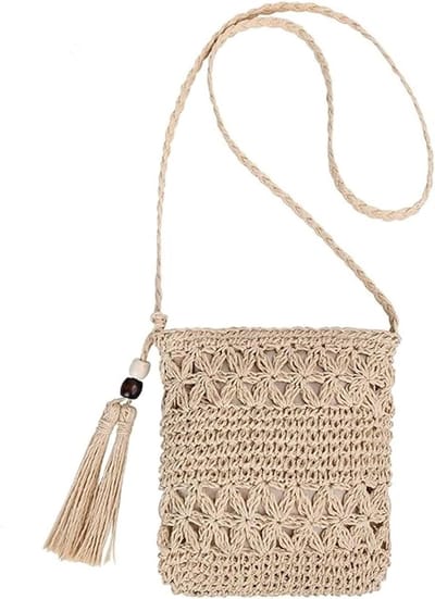Strotas voor dames vintage strandtas met kwast crossbodytas voor damesreizen en vakantie - Beige 27*21*2 cm