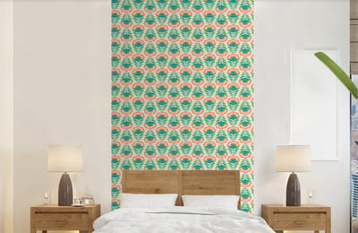 Behang - Fotobehang Retro - Bloemen - Design - Groen - Oranje - Breedte 120 cm x hoogte 240 cm