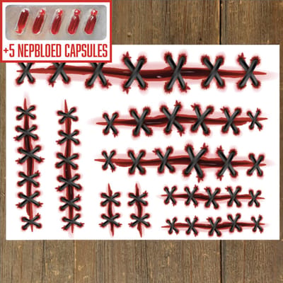 GetGlitterBaby® - Tattoo + Nep Bloed Capsules / Halloween Horror Decoratie Versiering Hechtingen / Carnaval Schmink Make Up Plak Tattoos / Tijdelijke Tattoo / Nep Tatoeage + Vloeibaar Dik Rood Nepbloed Wond / Fake Kunst Blood - 5 Capsules