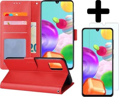 Hoesje - Met Screenprotector - Geschikt voor Samsung Galaxy A41 - Luxe Pasjeshouder - Flipcase - Bookcase Portemonee - Flip Case - Kunstleer Book Case - Book Cover - Walletcase - Portemonneehoes - Telefoonhoes - Rood