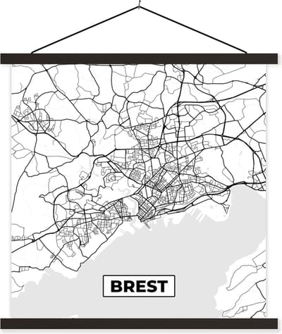 Posterhanger incl. Poster 60x60 cm - Schoolplaat - Kaart - Brest - Plattegrond - Frankrijk - Stadskaart - Zwart wit - Textielposter - Zwarte latten - Stadskaart