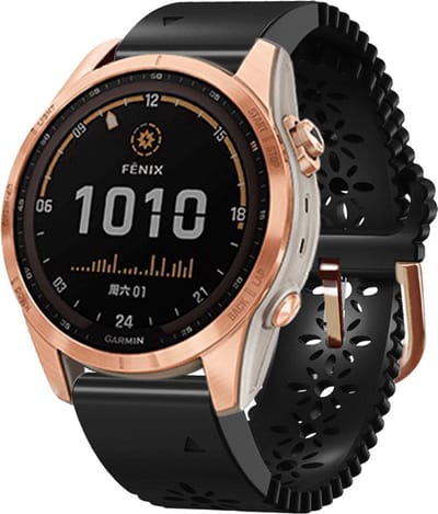 Stravo Siliconen Horlogebandje voor Garmin Fenix 5S/5S Plus/5S Sapphire, 6S/6S Pro/6S Sapphire, 7S & 8 (43mm) – QuickFit 20 – Elegant Zwart Bandje met Uitgehold Bloemenpatroon – Compatibel met Garmin Smartwatches