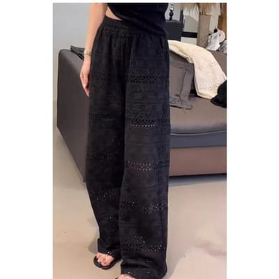 Kant Uitgesneden Wijde Pijpen Broek voor Dames in de Zomer Nieuw Hoge Taille Rechte Trommel Casual Kleine IJszijde Koele Broek XXL gray