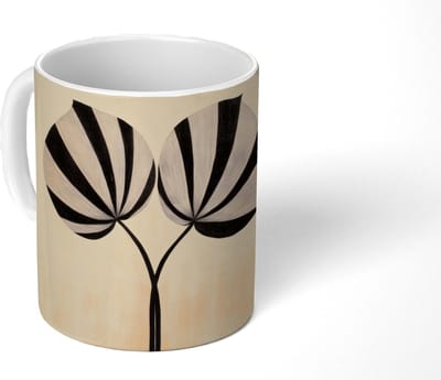 Mok - Koffiemok - Bladeren - Gestreept - Stengel - Beige - Mokken - 350 ML - Beker - Koffiemokken - Theemok
