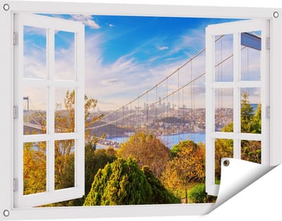 Gards Tuinposter Doorkijk Bosphorus Brug in Instanbul - 90x60 cm - Tuindoek - Tuindecoratie - Wanddecoratie buiten - Tuinschilderij