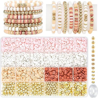 Set van meer dan 3000 platte, ronde kralen van polymeerklei (roze met koord) | Klei kralen, DIY armbandenset, knutselcadeau voor een verjaardag