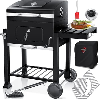 KESSER® Houtskoolbarbecue XL Barbeque Houtskool met Deksel, Wielen, Afdekkap, Roestvrij Stalen Handvat, Barbecuerooster en Thermometer, 8 Spiesen met Zakje & siliconen Borstel, grote BBQ Camping Terras Tuin