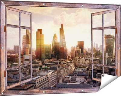Gards Tuinposter Doorkijk Londen bij Zonsondergang in een Moderne Wijk - 120x80 cm - Tuindoek - Tuindecoratie - Wanddecoratie buiten - Tuinschilderij
