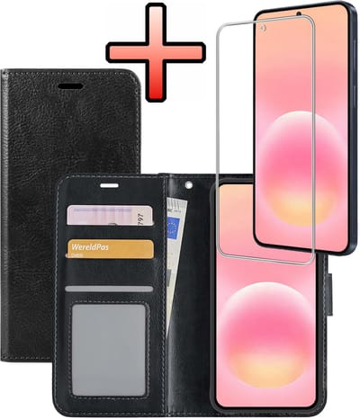 Hoesje - Met Screenprotector - Geschikt voor Samsung Galaxy A57 - Luxe Pasjeshouder - Bookcase Portemonee - Flip Case - Kunstleer Book Case - Flipcase - Book Cover - Walletcase - Portemonneehoes - Zwart