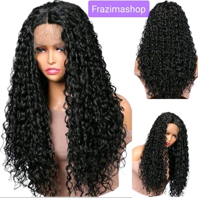 Frazimashop | Front Lace Pruik 13x4 – Zwart #1 – 55 cm / 26 inch-Langkrullend haar – Hittebestendig synthetisch haar – Voor dames – Natuurlijke look & perfecte pasvorm