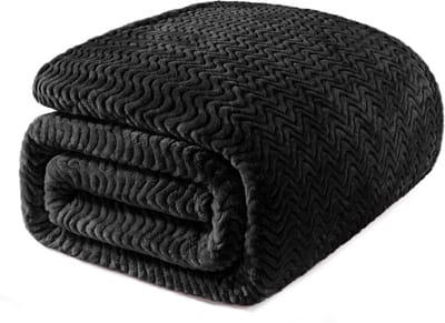 Mezcla King Size Jacquard Weave Wave Patroon Flanel Fleece Fluwelen Pluche Bed Deken als Sprei/Coverlet/Bed Cover (230x265cm, Zwart) - Zacht, Lichtgewicht, Warm en Gezellig