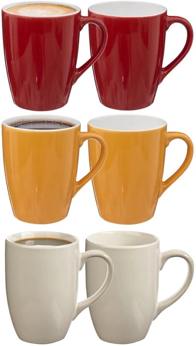 5Five Koffiemokken Colorama - 6x stuks - Keramiek - in de kleuren geel - wit - rood - 380 ml - 9 x 11 cm - Bekers
