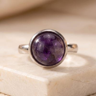 Lundholm Elvira Ring Dames Zilverkleurig – Premium Stainless Steel Jewellery – Verstelbare Ring met Amethist Natuursteen – One Size Ringen Dames – my Scandinavisch Design