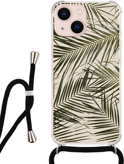 Hoesje met koord - Geschikt voor iPhone 13 - Palmbladeren - Verstelbaar zwart koord - Transparant, Groen - Natuur - Leuke Telefoonhoesjes