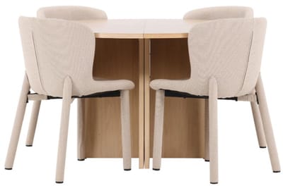 Strada eethoek uittrekbare tafel Ø120cm, 170cm en 4 stoelen whitewash, beige.